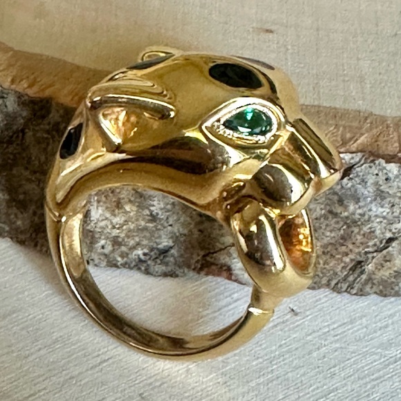 750/ 18k yellow gold green genuine emerald Tiger Eye Ring - Picture 6 of 9
